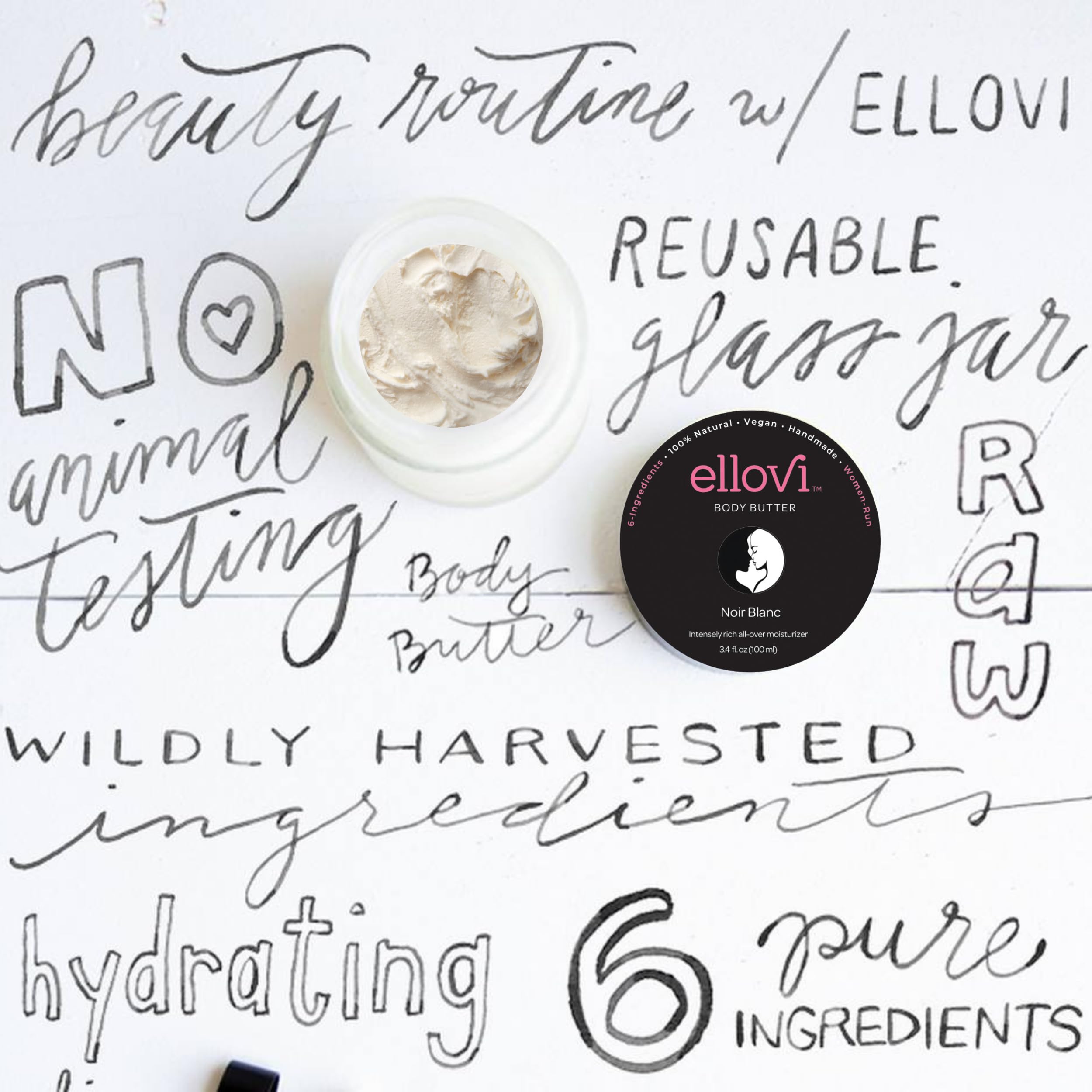 Ellovi All-Natural Unisex Body Butter - Noir Blanc - Pure Enough to Eat - Made With Just 6 Vegan Ingredients - 100% Plant-Based Hydrating Moisturizer For Naturally Healthy Skin (3.4 fl. oz/100ml)