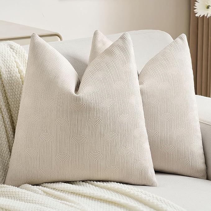 FUTEI Beige Chenille Decorative Throw Pillow Covers 16x16 Inch Set of 2,Soft Cozy Striped Geometric Patterns Cushion Case,Modern Home Decor for Couch Bed Living Room
