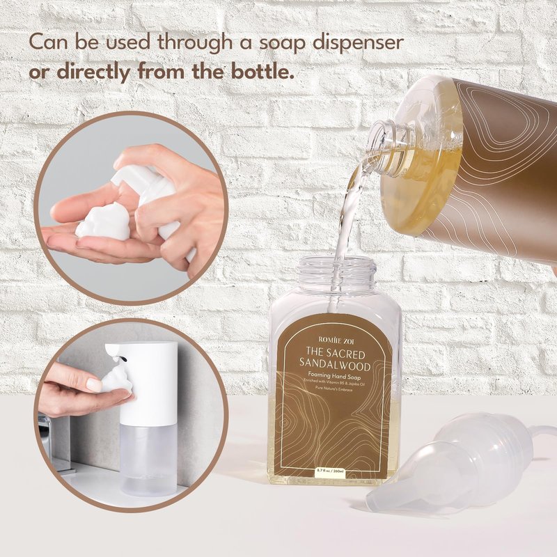 ROMIIE ZOI Foaming Hand Soap Refill Gift Set-3 Pack with Dispenser, Cruelty-Free and Biodegradable Formula, Moisturizing with Essential Oil for Sensitive Skin,Sandalwood Scent,(33.8 Fl Oz x 3)