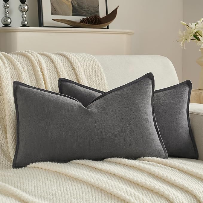 FUTEI Dark Grey Chenille Throw Pillow Covers 12x20 Inch Set of 2,Edges Double-Stitched Lumbar Pillow Cases,Modern Home Decor for Couch Living Room