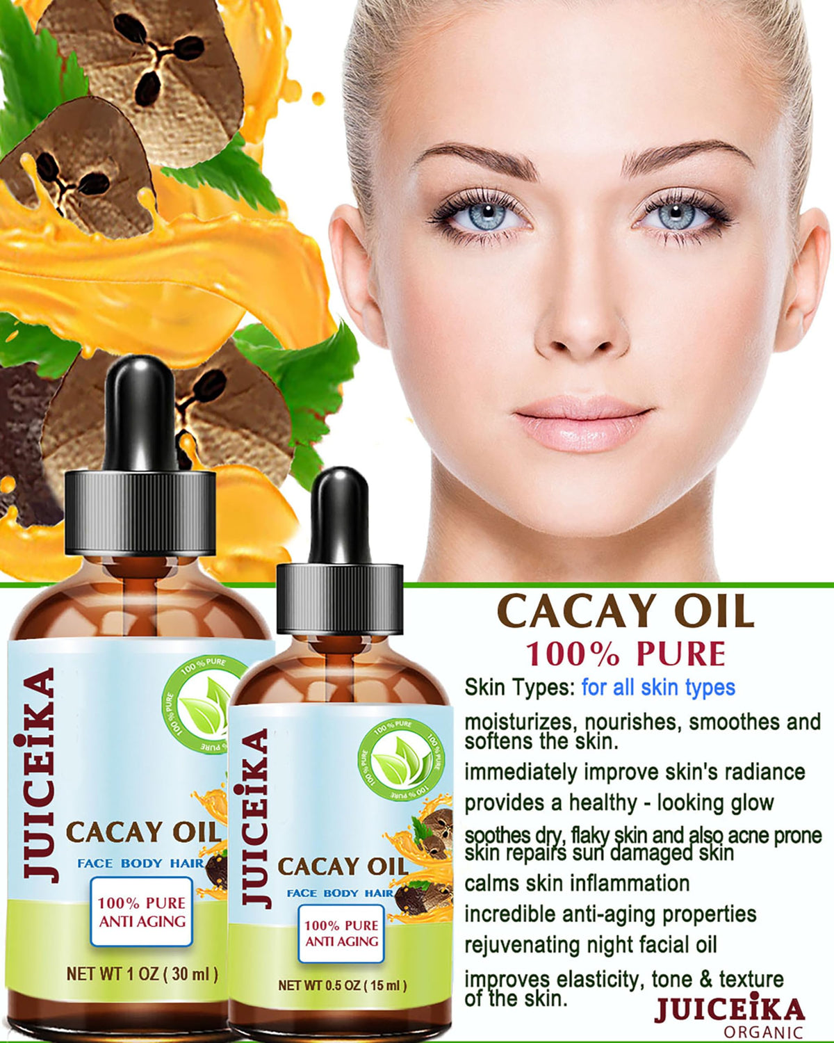 Juiceika CACAY OIL 100% Pure Natural Virgin Unrefined Cold-Pressed Carrier Oil 1 Fl oz 30 ml For Face, Skin, Body, Hair, Lip, Nails