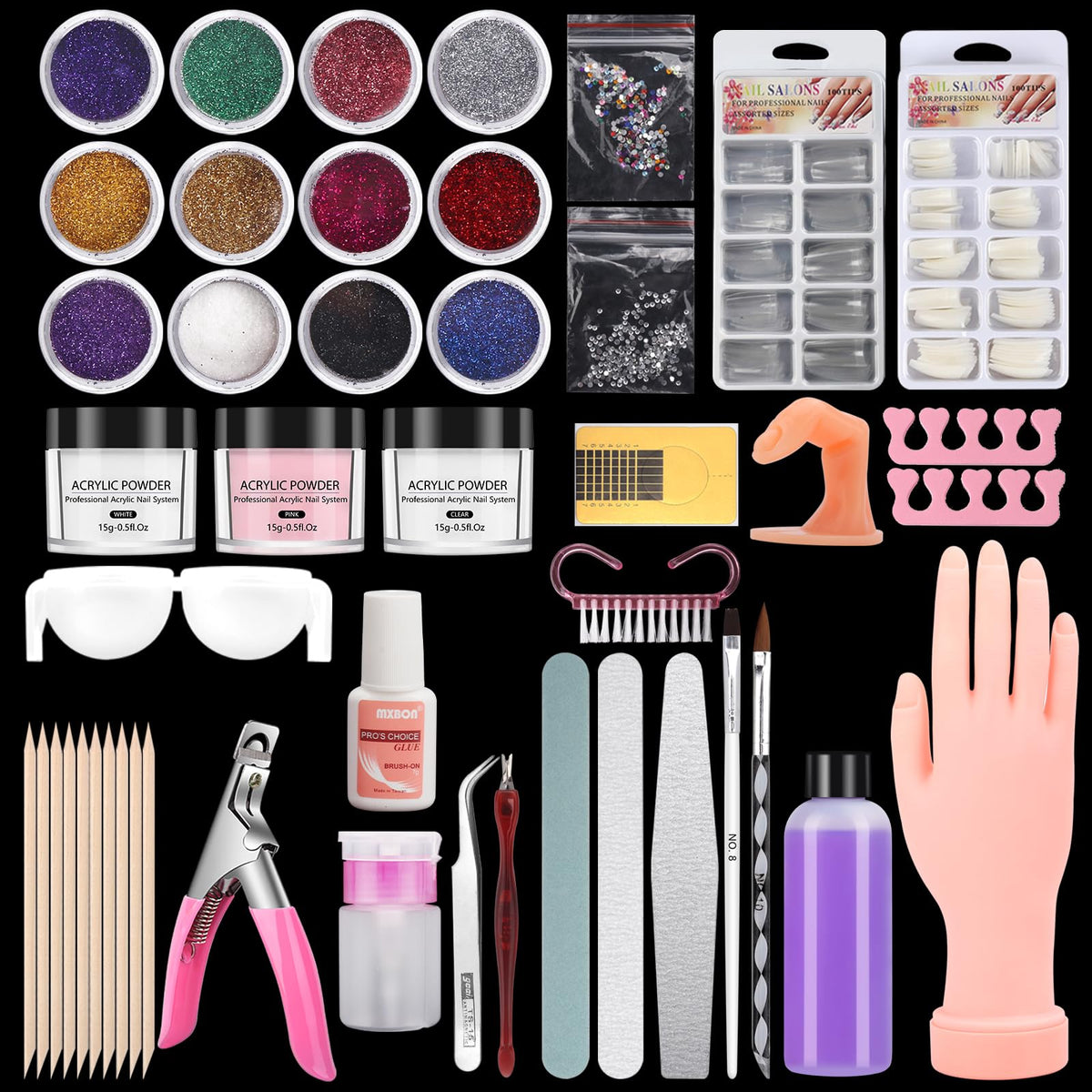 Practice Hand for Acrylic Nails, Fake Maniquin Training Hand for Nail Practice, Nail Practice Hand with Acrylic Nail Powder and Liquid Set, Nail Kit Set Professional Acrylic with Manincure Hand