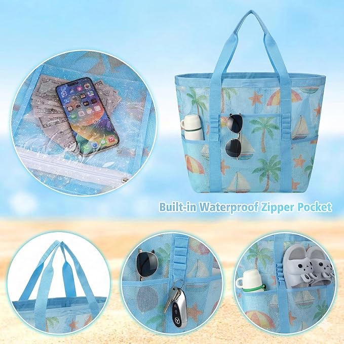 Mesh Beach Bags for Family - Women Beach Tote Bag for Toys, Towels, Travel Vacation Cruise Essentials