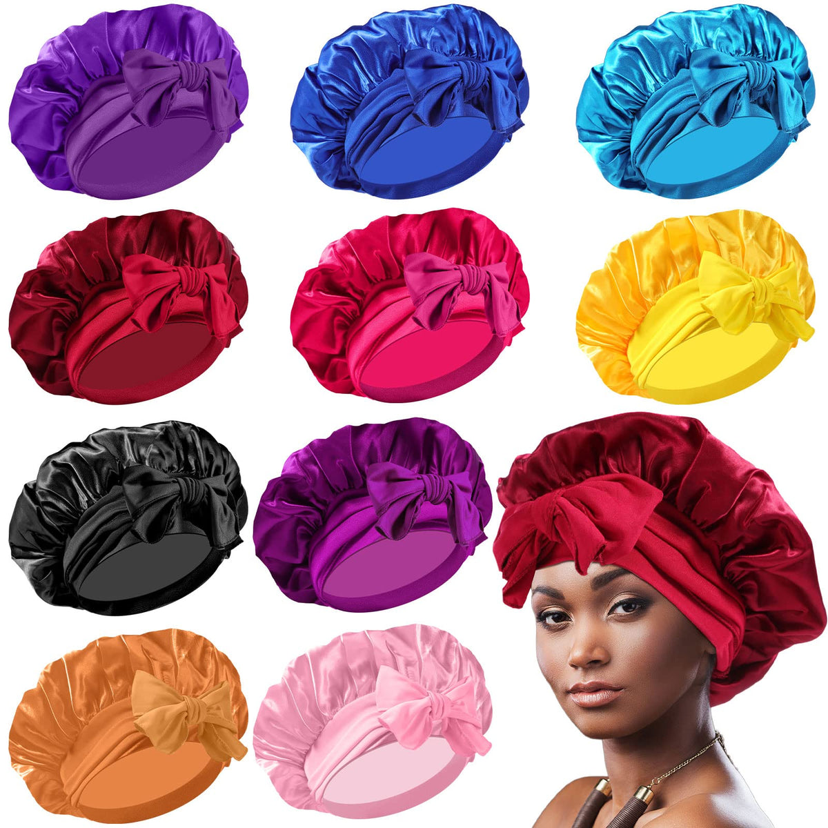 Yahenda 10 Pcs Large Satin Bonnet Soft Silky Bonnet Hair Wrap for Sleeping Adjustable Scarf for Women Men Curly Hair Stretchy for Long, Natural, Braid at Night, 10 Colors