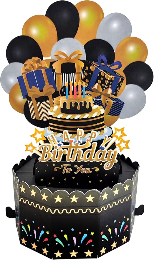 Birthday Cards 3D Popup Birthday Greeting Cards - Birthday Greeting Card for Girls, Boys Men and Women All Ages, with Blank Note and Envelope Included (Black Gold)
