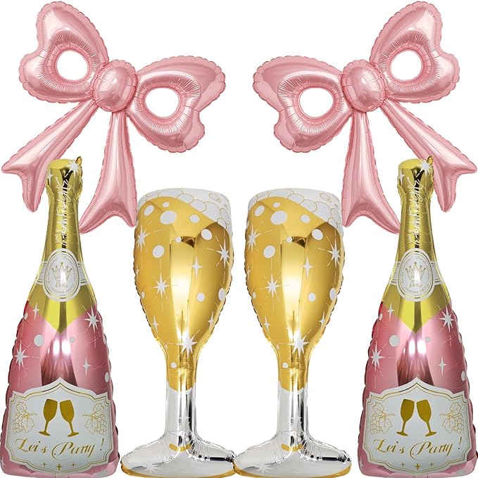 6 Pcs Pink Bow Balloons, Huge Rose Gold Champagne Bottle Goblet Aluminum Foil Balloons for Birthday, Bachelorette, Bridal Shower, Wedding, Anniversary, Engagement Party Decorations Supplies