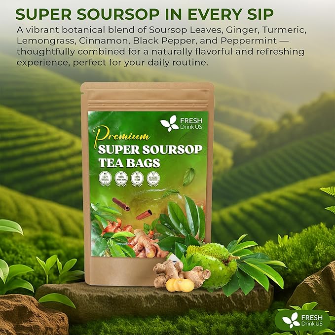FreshDrinkUS, Super Soursop Herbal Tea – 60 Tea Bags | Soursop, Ginger, Turmeric, Lemongrass, Cinnamon, Black Pepper & Peppermint | Caffeine-Free, Natural Flavor, Plant-Based Blend | Sugar-Free
