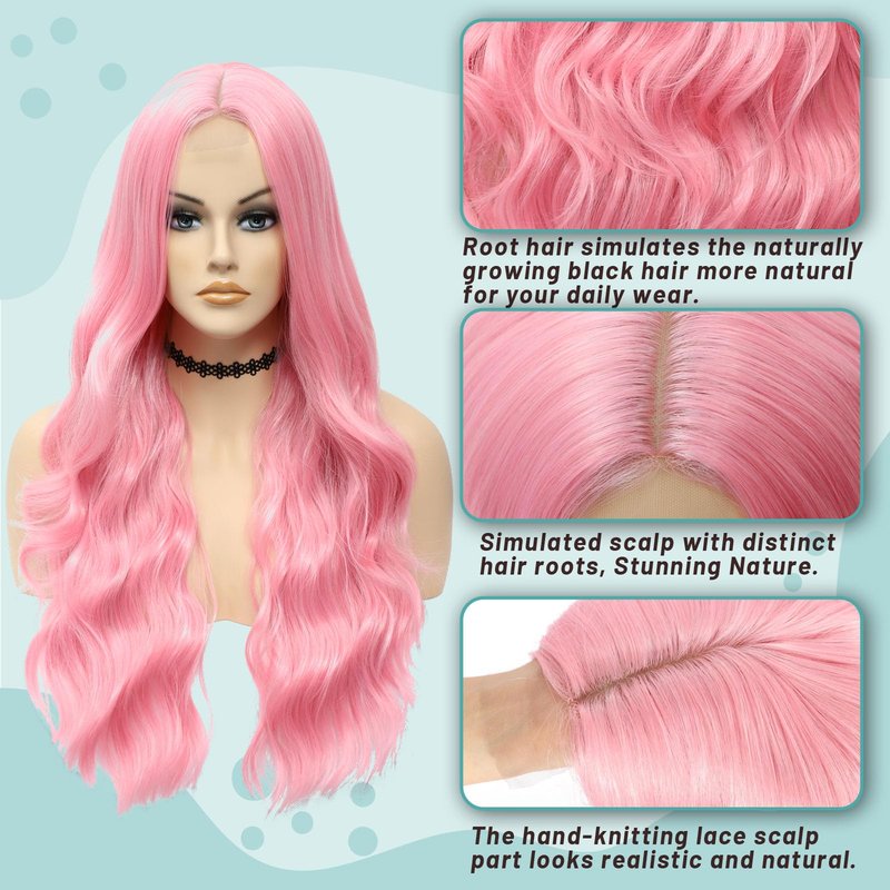 YESEGO Halloween Long Pink Wigs 26 Inch Curly Wigs for Women Wavy Middle Part Natural Looking Synthetic Lace Front Wig for Daily Cosplay Party Use, Pink