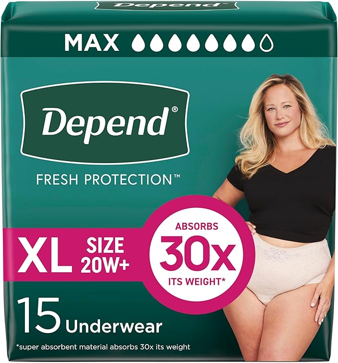 Depend Fresh Protection Adult Diapers, Incontinence & Postpartum Bladder Leak Underwear for Women, Disposable, Maximum, Extra-Large, Blush, 15 Count, Packaging May Vary