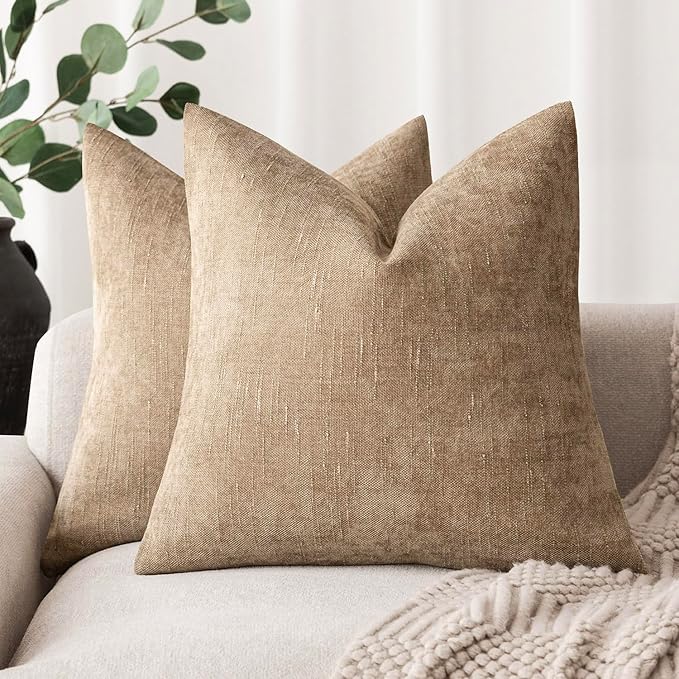 Foindtower Pack of 2 Textured Chenille Throw Decorative Pillow Covers Square Accent Solid Cushion Cover Neutral Farmhouse Pillow Case for Couch Sofa Bedroom Living Room 22x22 Inch,Taupe Khaki Camel