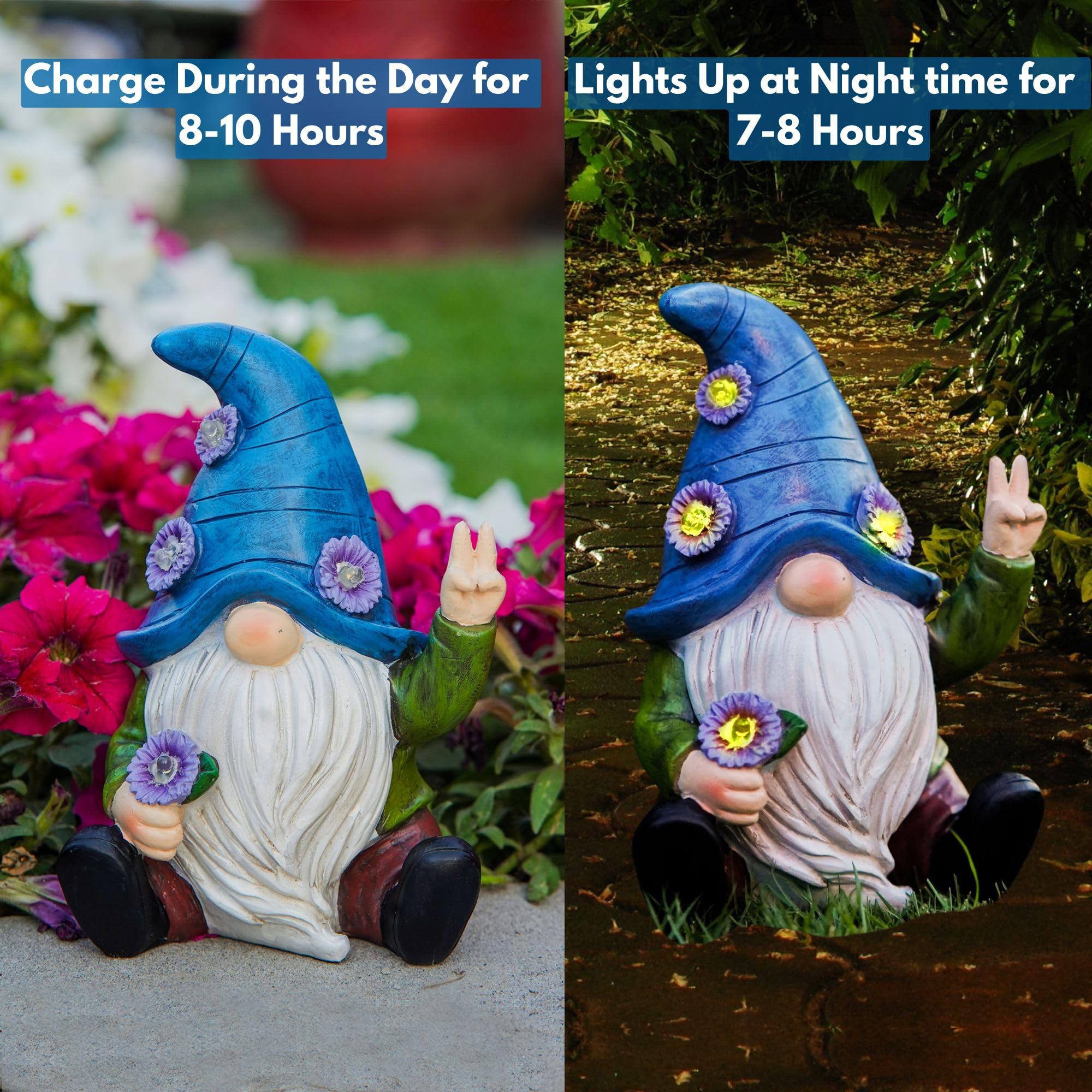 IMPECCABLE GOODS Peace Gnome Garden Statue - Original Design - Blue Peace Gnome Design for Yard, Lawn, Patio, Porch - Garden Decoration - Solar Light - Mom - Grandmother Outdoor Decor & Unique