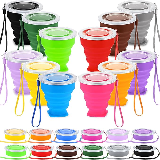 12 Pcs Silicone Collapsible Cup 7.04 oz Folding Camping Travel Collapsible Coffee Cup Portable Reusable Expandable Drinking with Lids for Outdoor Hiking