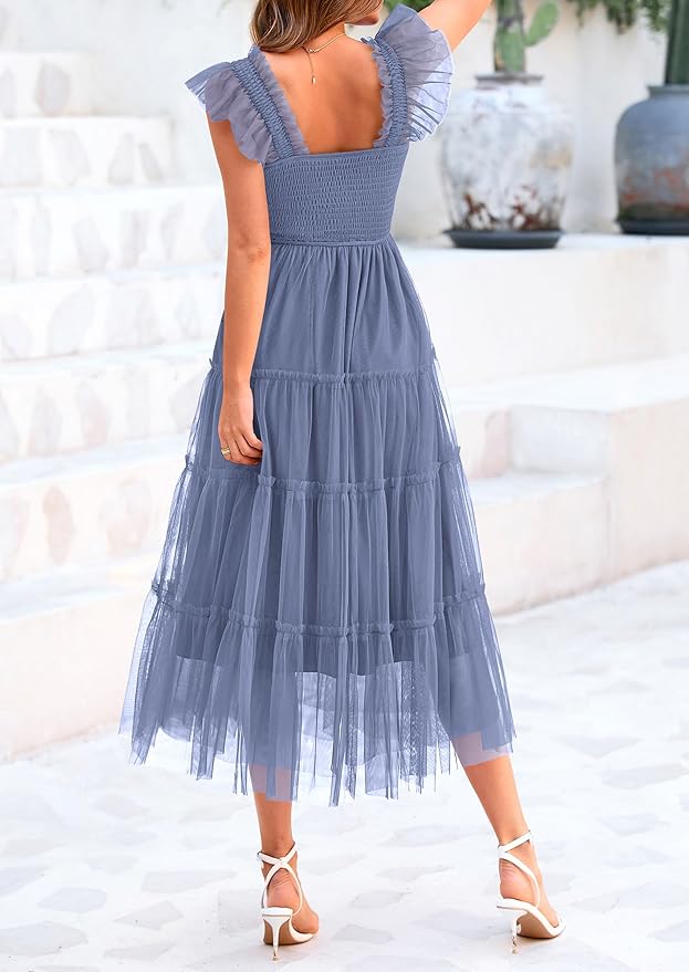 PRETTYGARDEN Women's Summer Tulle Midi Dress Sleeveless Smocked Ruffle Flowy Mesh Dresses Party Wedding Guest Sundress