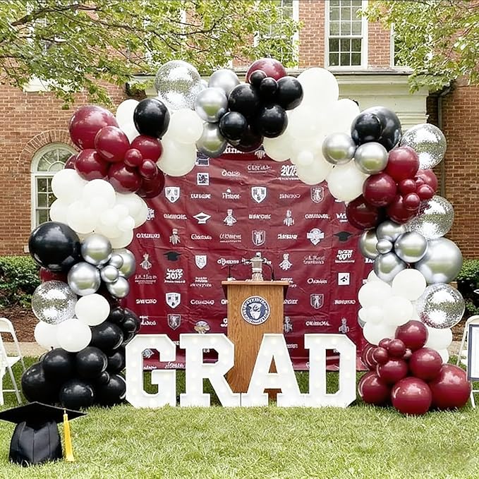 Graduation Party Decorations Maroon White 2026/Graduation Decorations Burgundy Black White Balloon Arch Kit/Burgundy Black Silver Confetti Balloons 134pcs/Maroon Birthday Wedding Party Decor