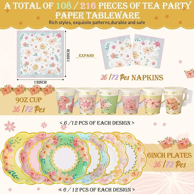 Yungyan 108 Pcs Tea Party Plates and Napkins Sets Serve 36 Guests Floral Disposable Tea Party Supplies Paper 6" Plates and Napkins and 9 oz Cups with Handle for Garden Spring Birthday Wedding