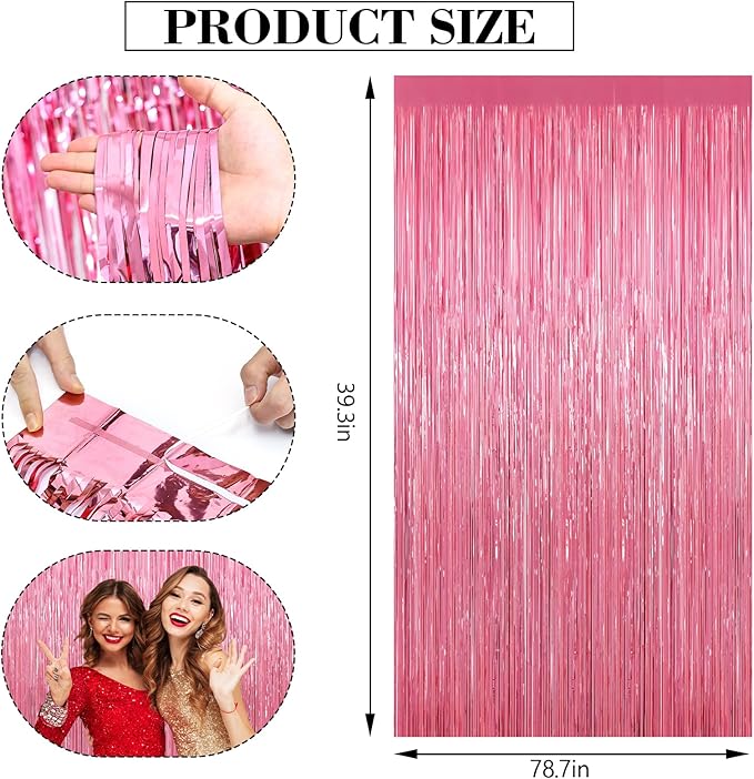 2 Pack Glitter Pink Backdrop, Pink Party Streamers Birthday Party Decorations, Laser Pink Fringe Curtains Foil Streamer Tinsel, Pink Curtains Photo Backdrop Happy Birthday Backdrop