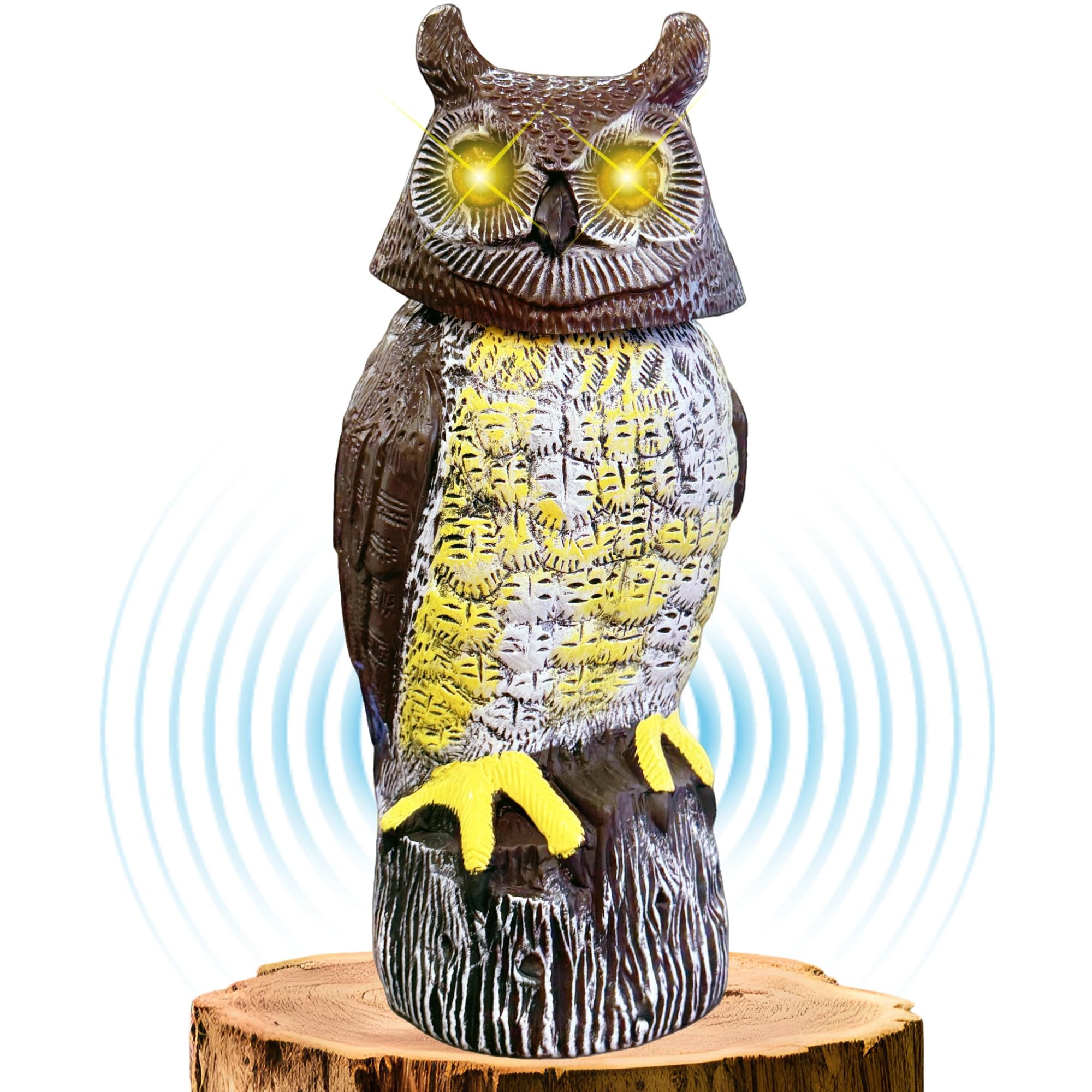 Ugold Solar Powered Owl with Motion Detection, Silent Mode, Flashing Eyes, Rotatable Head and Realistic Hoots, Plastic Owl Decoration for Home, Garden, Patio and Fence