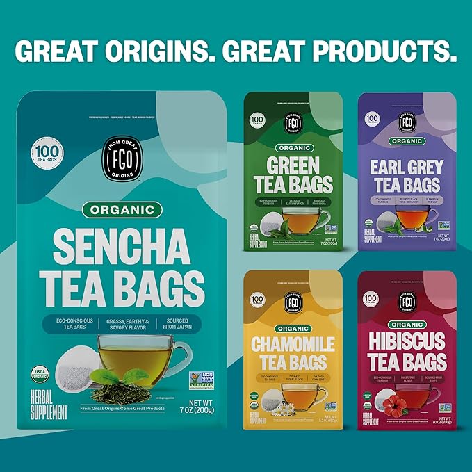 FGO Organic Sencha Green Tea, 100 Count, Eco-Conscious Tea Bags, Resealable Bag, Sourced From Japan, Packaging May Vary (Pack of 1)