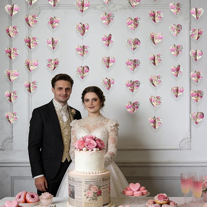 Heart Party Decorations Vintage Pink Rose 3D Love Heart Newspaper Hanging Retro Floral Recycled Book Garland Streamer Banner for Valentines Day Anniversary Birthday Wedding Holiday Party Supplies