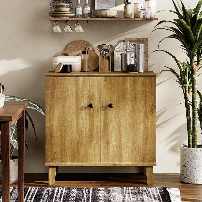 Modern Storage Cabinet Buffet Storage with Wood Legs and Adjustable Shelf for Dinnig Room Living Room Entryway, Brown Oak