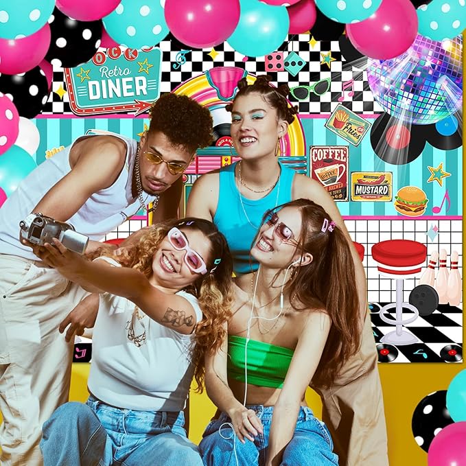 Avezano 50s Retro Diner Party Backdrop 50s Retro Rock and Roll Diner Classic Decoration Banner 1950s Sock Hop Party Decor 84 x 60 Inch
