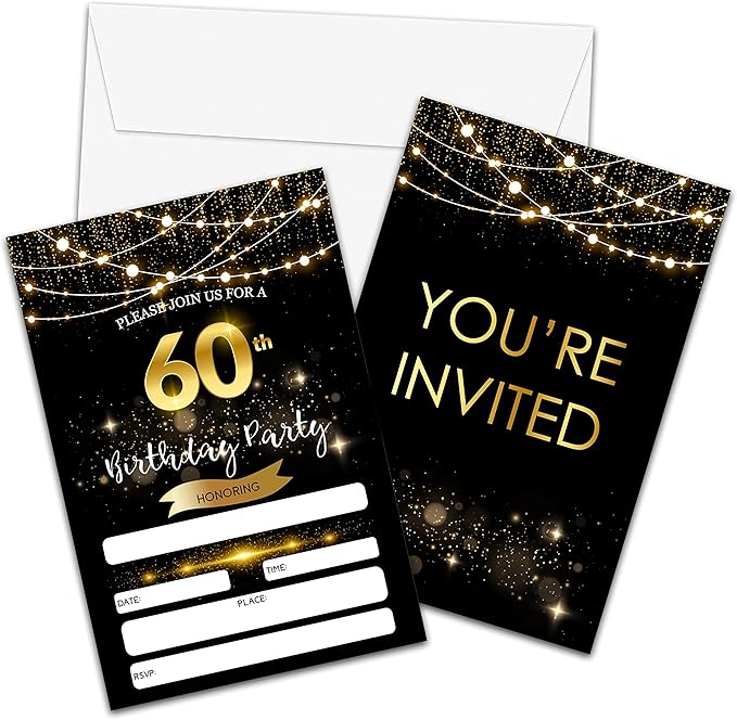 60th Birthday Invitations with Envelopes - Black Gold Glitter Fill-in Invites Cards - Surprise Birthday Party Invitation Card for Him/Her - Adults Birthday Party Favors Supplies Decorations (20 Pack)