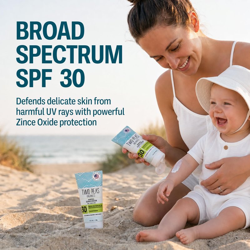 Two Peas Organics Mineral Sunscreen SPF 30 Lotion, Non-Nano Zinc, Reef Safe, Baby & Family Sensitive Skin, Water-Resistant 80 Min, Unscented, Organic & Cruelty Free, 3 oz Single pack
