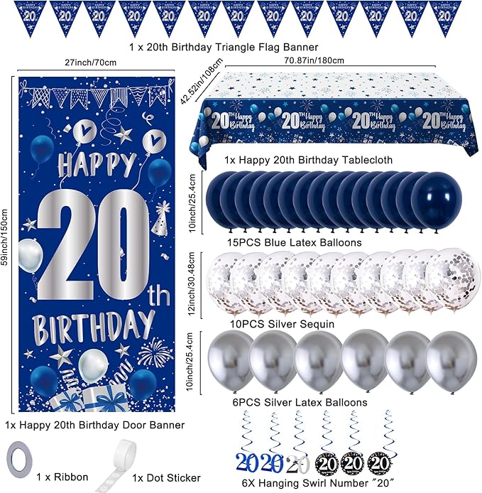 20th Birthday Decorations for Men Boys, Blue Silver Happy 20th Birthday Decorations Boys Girls with Bday Backdrop Banner Balloons Hanging Swirls Triangle Flag, 20 Year Old Party Supplies for Him