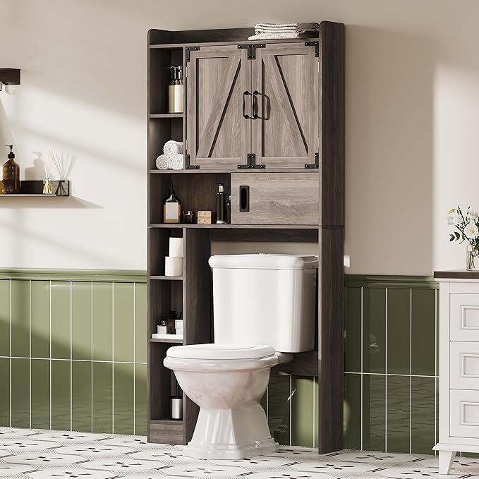 ChooChoo Over The Toilet Storage Cabinet, Farmhouse Bathroom Storage Cabinet with Sliding Door, Over Toilet Storage with Adjustable Shelves, Space-Saving, Grey