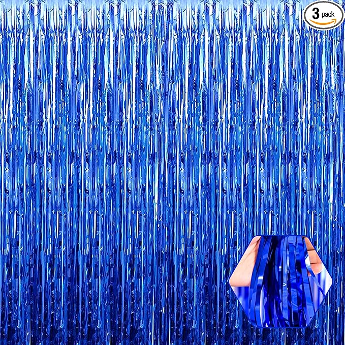 3 Pack Blue Foil Fringe Curtain Backdrop, 3.28Ft x 6.6Ft Metallic Tinsel Foil Fringe Streamer Curtains for Photo Booth, Christmas Day, Thanksgiving, Wedding, New Year Party Decorations