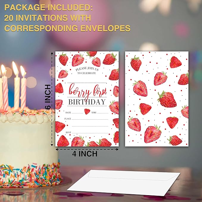 Strawberry Birthday Invitations, 20 Pcs - 4x6 inches with Envelopes - Perfect for Baby Girl 1st Birthday Party Decorations