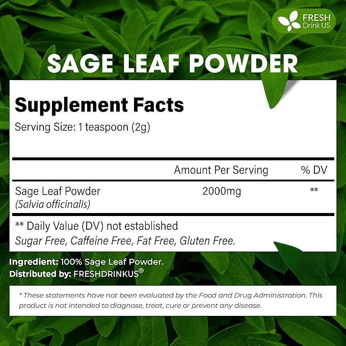 FreshDrinkUS, Sage Leaf Powder 4oz – Premium Culinary Herb, Pure Ground Sage Leaves for Cooking, Baking & Herbal Infusions – Resealable Pouch