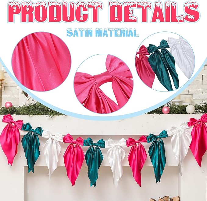 VitalCozy 1 PCS Christmas Bow Garland Banner, Satin Ribbon Hanging Party Bow Garland Decoration for Holiday Birthday Party Supplies
