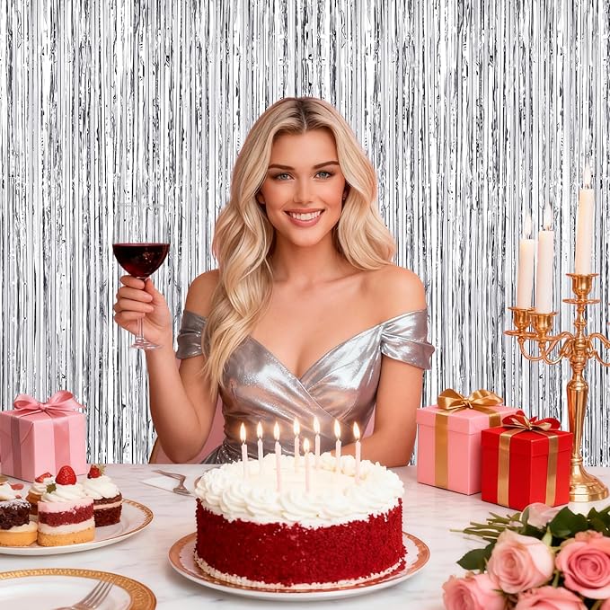 2Pack Foil Curtain Backdrop Silver Metallic Tinsel Foil Fringe Curtains Photo Booth Props for Birthday Wedding Engagement Baby Shower Bachelorette Xmas Holiday Graduation Celebration Party Decoration