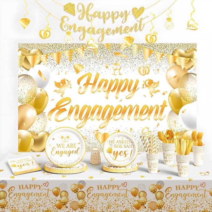 Engagement Party Decorations, Happy Engagement Party Supplies Kit, He Asked She Said Yes Paper Plates Napkins Disposable Dinnerware Tablecloth Backdrop for Wedding Proposal Party Decor, Serve 20