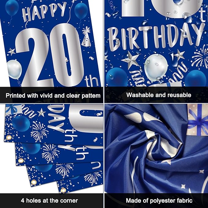 20th Birthday Decorations for Men Boys, Blue Silver Happy 20th Birthday Decorations Boys Girls with Bday Backdrop Banner Balloons Hanging Swirls Triangle Flag, 20 Year Old Party Supplies for Him