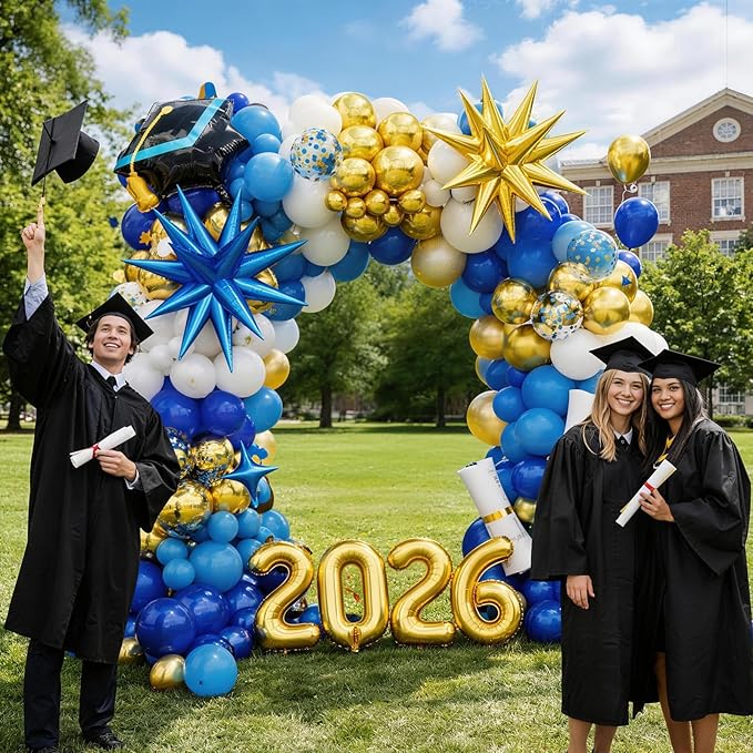 Blue and Gold Graduation Balloon Arch Kit 2026 Graduation Decorations, Gold Number 2026 Balloons with Explosion Star Diploma Grad Cap Foil Balloon for College High School Class of 2026 Graduate Party
