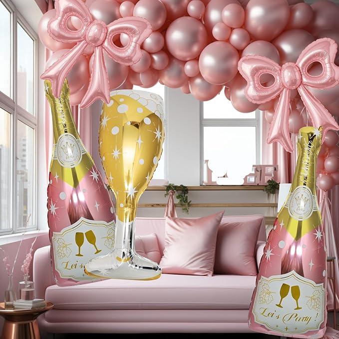 6 Pcs Pink Bow Balloons, Huge Rose Gold Champagne Bottle Goblet Aluminum Foil Balloons for Birthday, Bachelorette, Bridal Shower, Wedding, Anniversary, Engagement Party Decorations Supplies