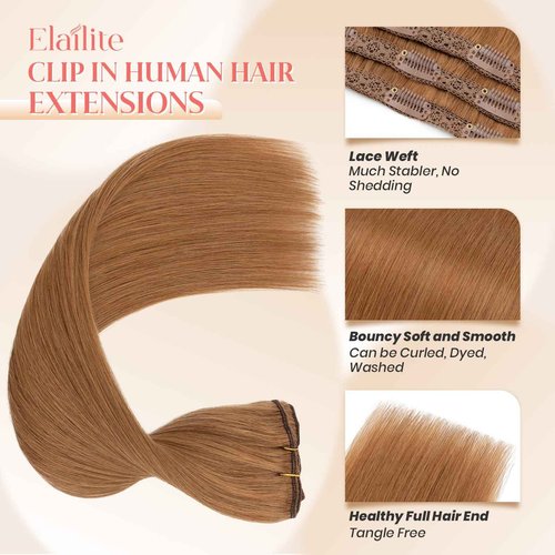 Elailite Clip in Hair Extensions Real Human Hair 3PCS Lace Weft Remy Hairpieces for Women 20 Inch 80g Light Auburn