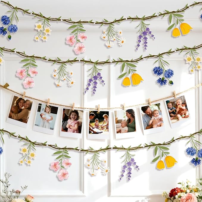 JIAYIQI 2PCS Wildflower Party Decorations - 7.9FT Pre-Strung Floral Garlands for Baby Shower Bloom Birthday Tea Party Wedding - Reusable & DIY Hanging Flower Garland for Garden Theme & Spring