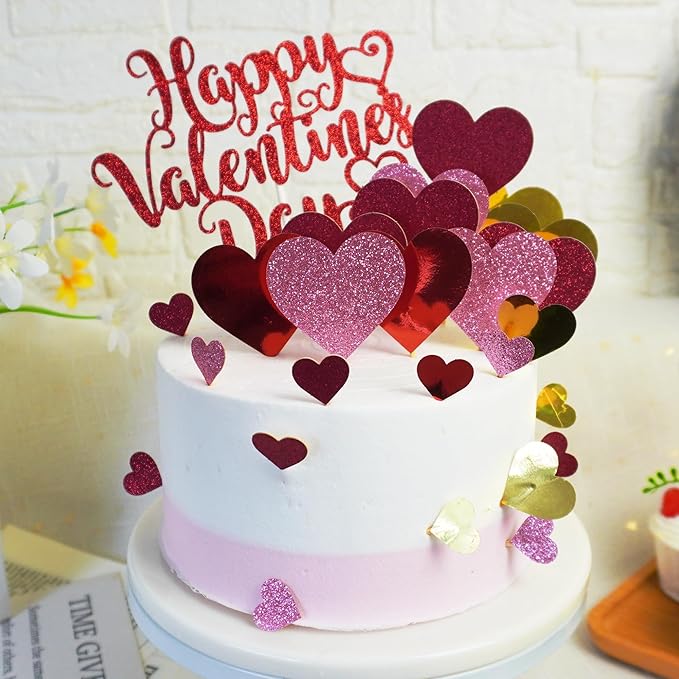 DRWATE 33pcs Happy Valentine's Day Cake Toppers with Red Heart Decorations for Valentine's Day Party Supplies (Red)