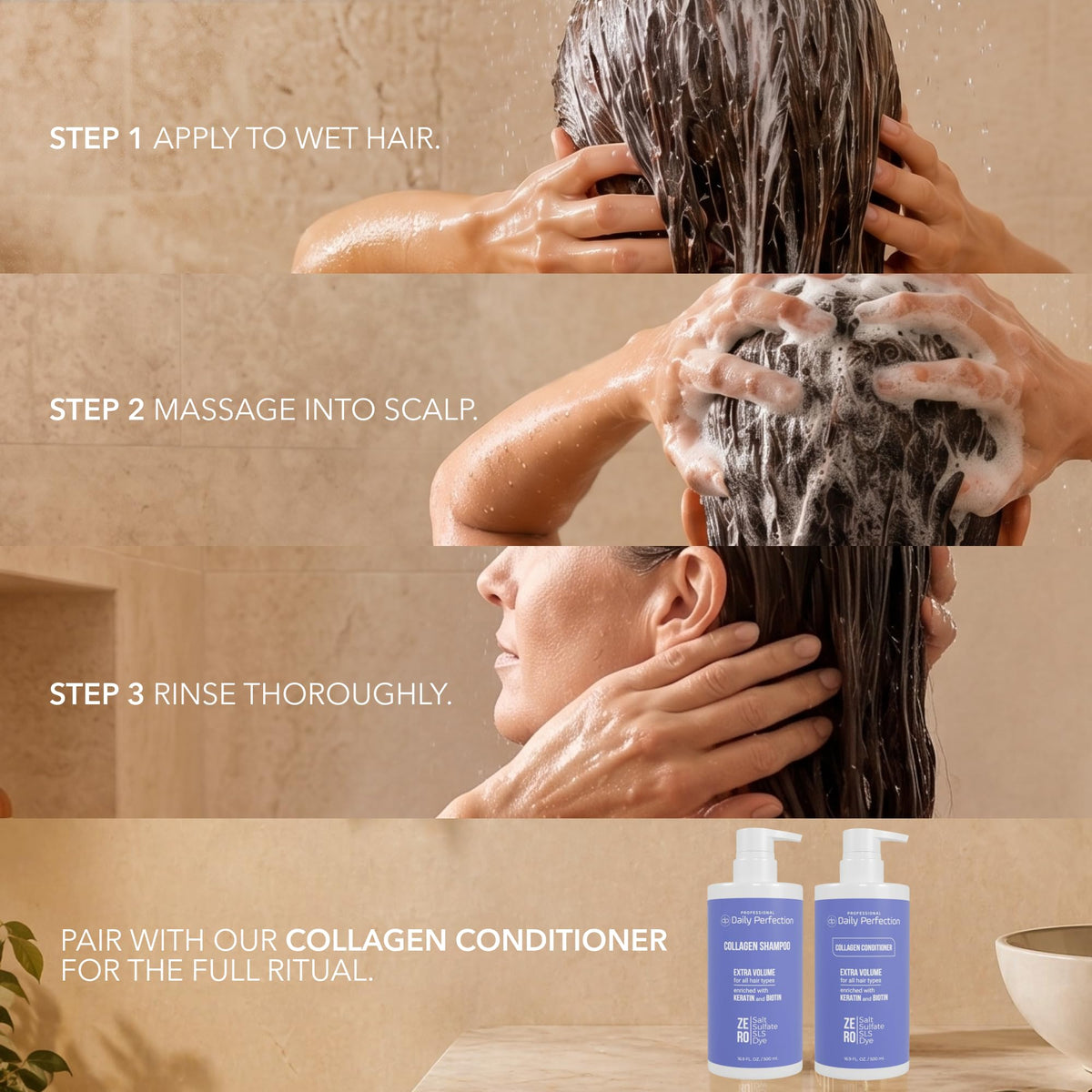 Daily Perfection Collagen Volumizing Shampoo - Extra Volume Daily Cleanser with Biotin and Keratin for All Hair Types - Salt, Sulfate and Paraben Free - 16.9 Fl Oz