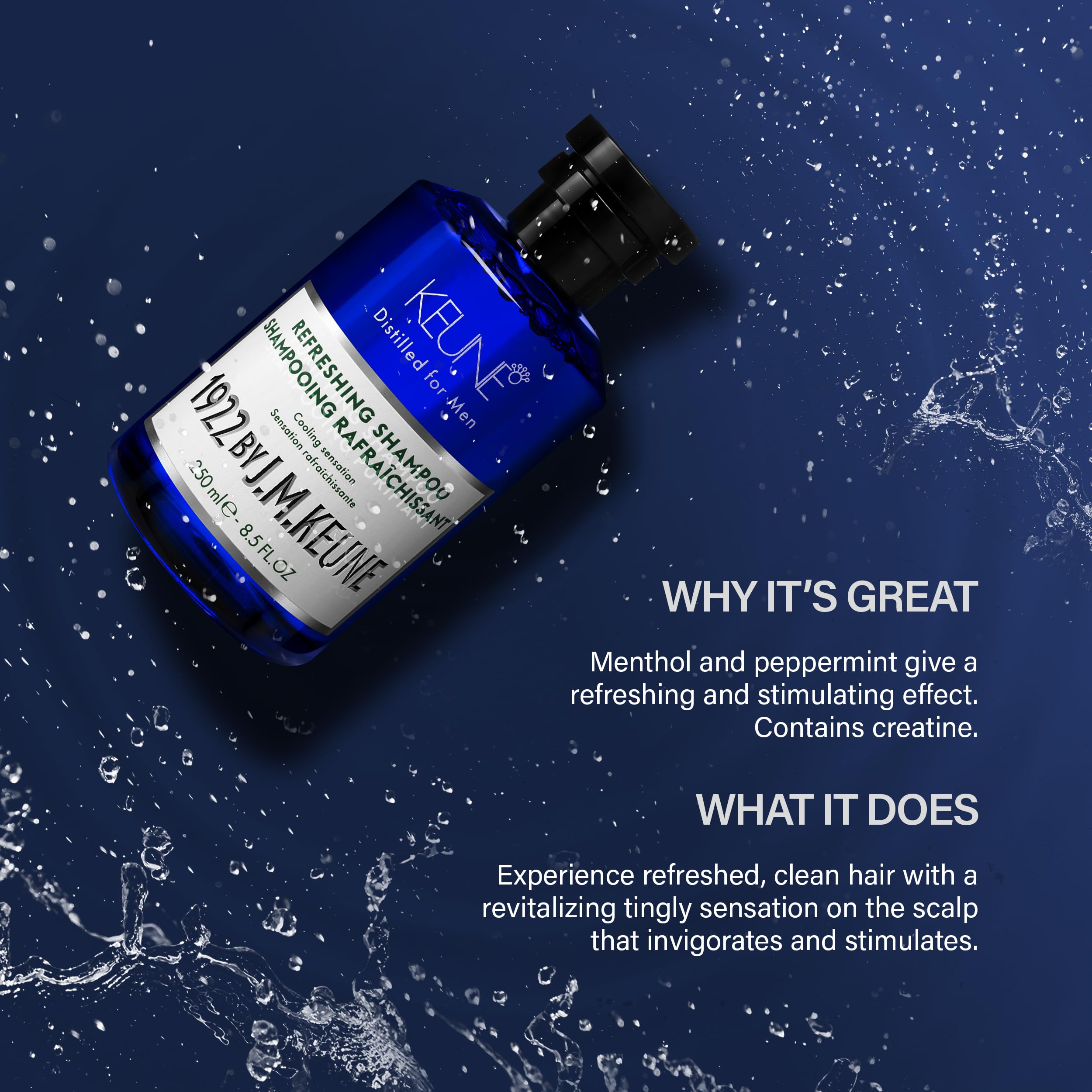 1922 by J.M. Keune Refreshing Shampoo, Men's Cooling Shampoo with Peppermint, Menthol and Creatine, Invigorating Daily Cleanser for All Hair Types, 8.5 Fl Oz