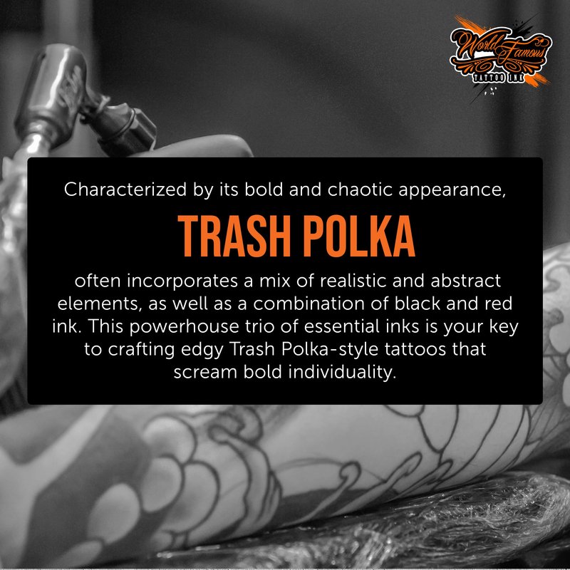 World Famous Trash Polka Mini Tattoo Ink Pigment Set of 3, Vegan, Professional Supplies, 1oz Bottles, Paul Rogers Red, Blackout, Portrait White