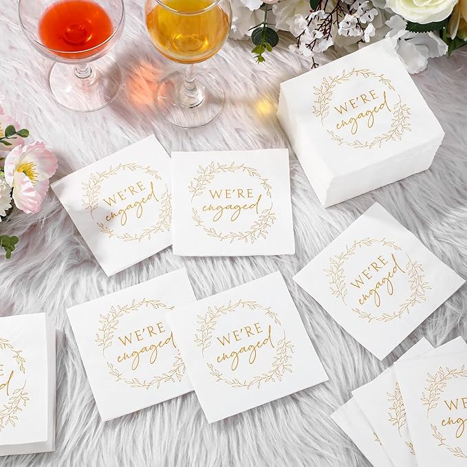 Kosiz 100 Pack We're Engaged Napkins Gift 3 Ply Disposable Paper Engagement Cocktail Napkins for Wedding Party Beverage Dinners Cake Tableware Decorations, 4.5 x 4.5 Inch