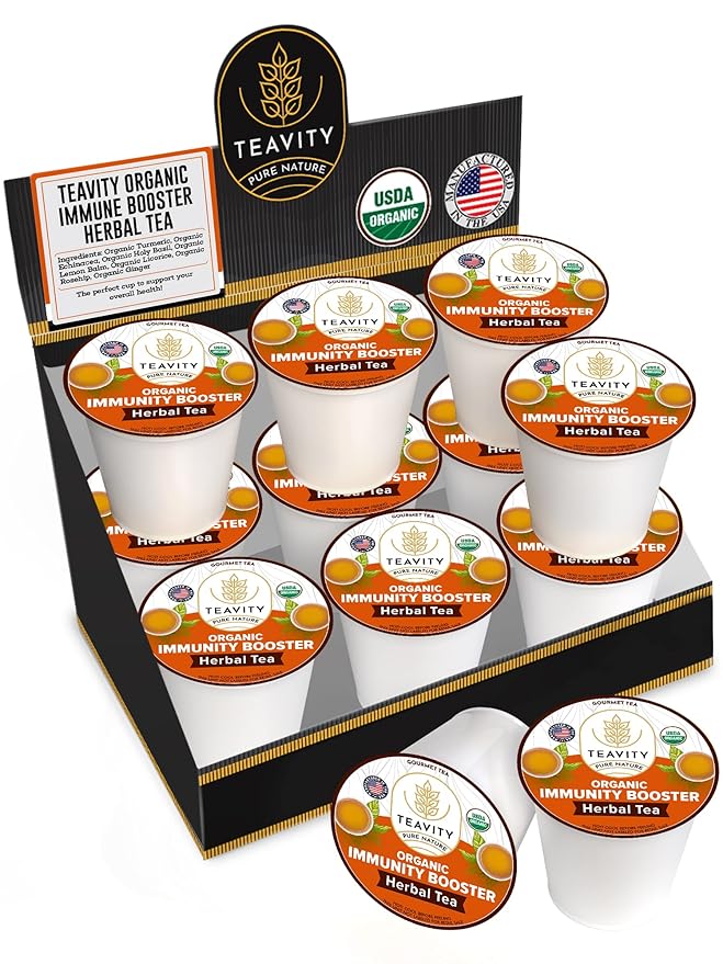 Organic Ginger Tea Pod with Echinacea, Turmeric, and Licorice for Keurig, Decaf by Teavity (12 Tea Pods)
