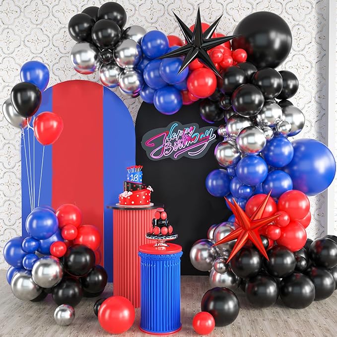 Red Blue Black Balloon Arch Kit, Blue and Red Balloon Arch Kit, Blue Black Balloons Garland with 22 Inch Star Foil Balloons for Men Boys Birthday Baby Shower Graduation Party Decorations