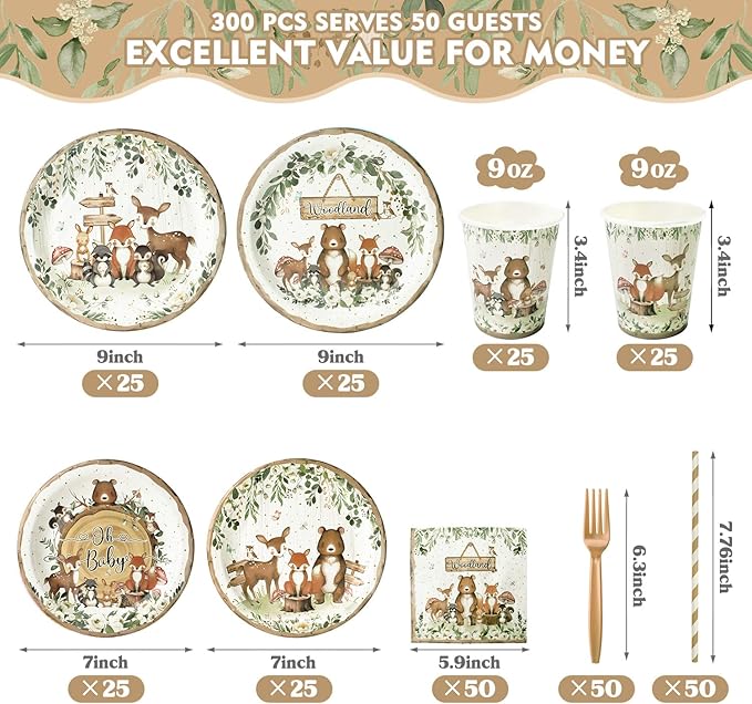 300Pcs Woodland Baby Shower Party Supplies - Serves 50 Guests, Safari Jungle Animal Party Decorations Include Plates and Napkins, Cups, Straws, Forks