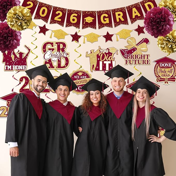 Maroon Graduation Decorations 2026, 2026 Grad Banner and Congrats Grad Hanging Swirls, Maroon and Gold Graduation Banner Graduations Hanging Swirls College Graduations Party Decorations Class of 2026