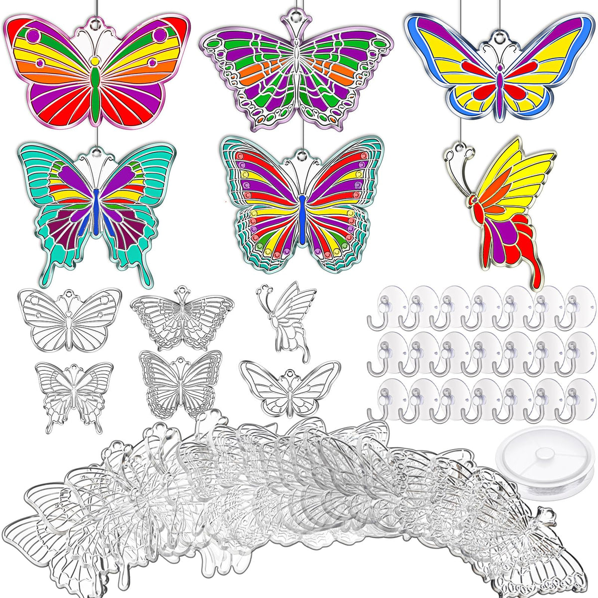 Tioncy 60 Sets Butterfly Suncatchers Kits DIY Window Suncatcher Paint Ornaments Decorations Butterfly Art Suncatchers Crafts Kit for Spring Activities Easter Art Project Party Favors